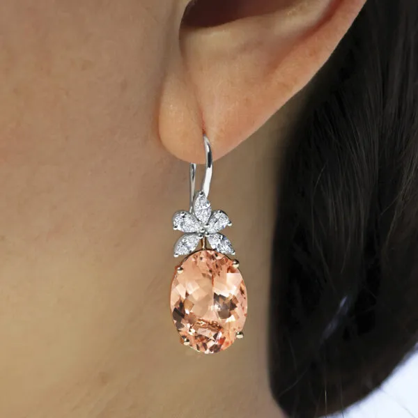 18ct rose and white gold oval morganite and diamond drop earrings - Image 2