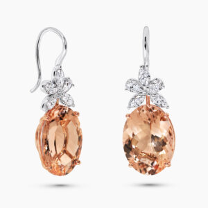 18ct rose and white gold morganite and diamond drop earrings