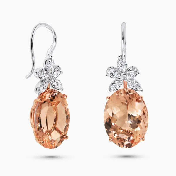 18ct rose and white gold oval morganite and diamond drop earrings