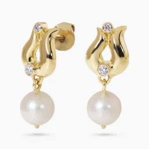 18ct Yellow Gold horse shoe Freshwater Pearl and Diamond drop earrings