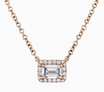 18ct rose gold 0.41ct emerald cut diamond halo necklace