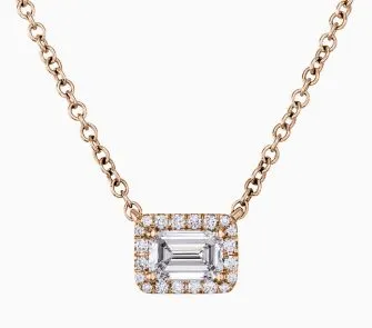 18ct rose gold 0.41ct emerald cut diamond halo necklace