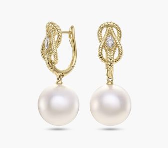 18ct yellow gold South Sea Pearls & marquise diamond drop earrings